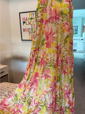 Roller Rabbit Pink, Lime & White Floral Tie-Neck Dress